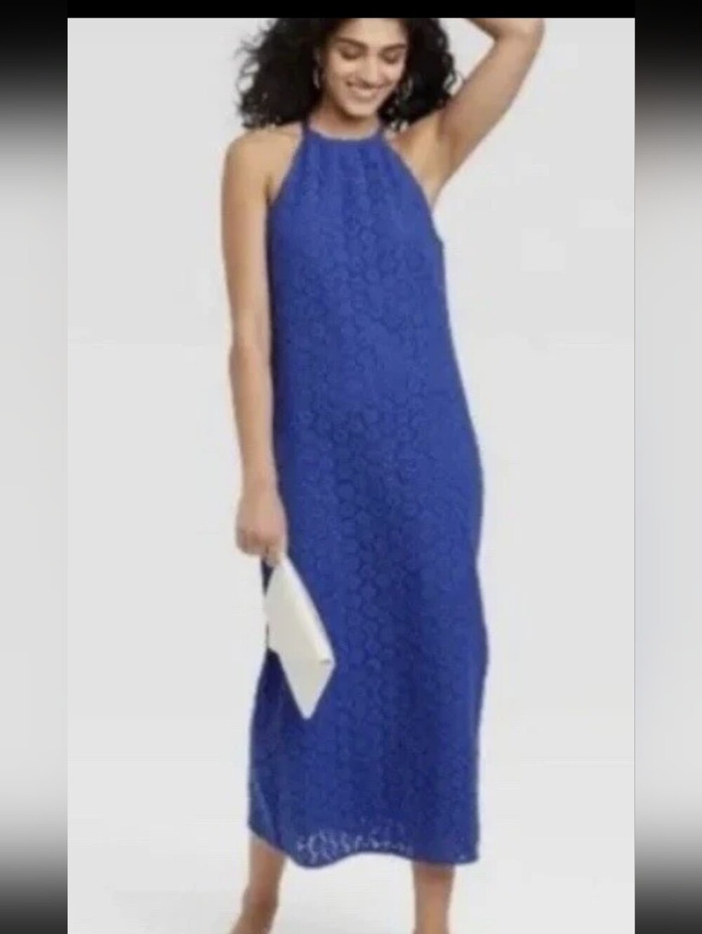 A NEW DAY ROYAL BLUE SLEEVELESS HALTER DRESS MIDI MAXI MED. CROCHET